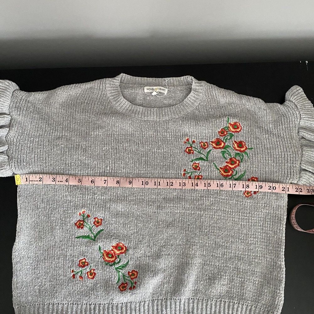 Woven Heart Sweater Small Cottagecore Floral Embroidered Ruffle Sleeve Knit - Picture 7 of 9